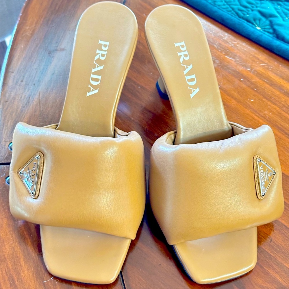 Prada puffy slides, dark tan size 38